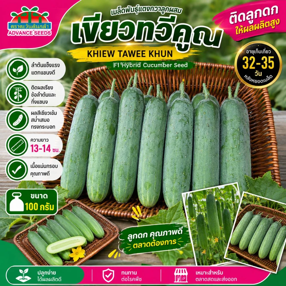 เมล็ดพันธุ์แตงกวาเขียวทวีคูณ (ตราตะวันต้นกล้า) ขนาด 100 กรัม